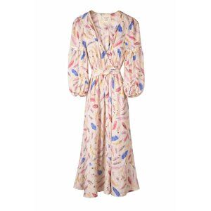 Nathalie Lete Paris Galah Feather 100% Silk Midi A-Line Dress, Sz 8